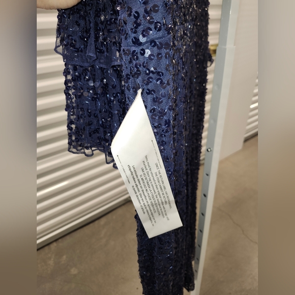 NWT Mac Duggal Fully Sequined Ruffle Tiered Bell Sleeve Midi Dress Navy 14 10802 - Picture 6 of 8